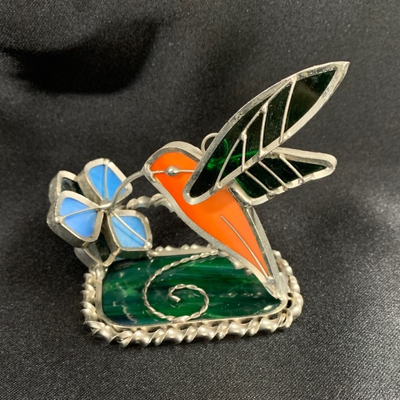 Other - Vintage Stained Glass Hummingbird Figurine Suncatcher Metal With Orange/Green